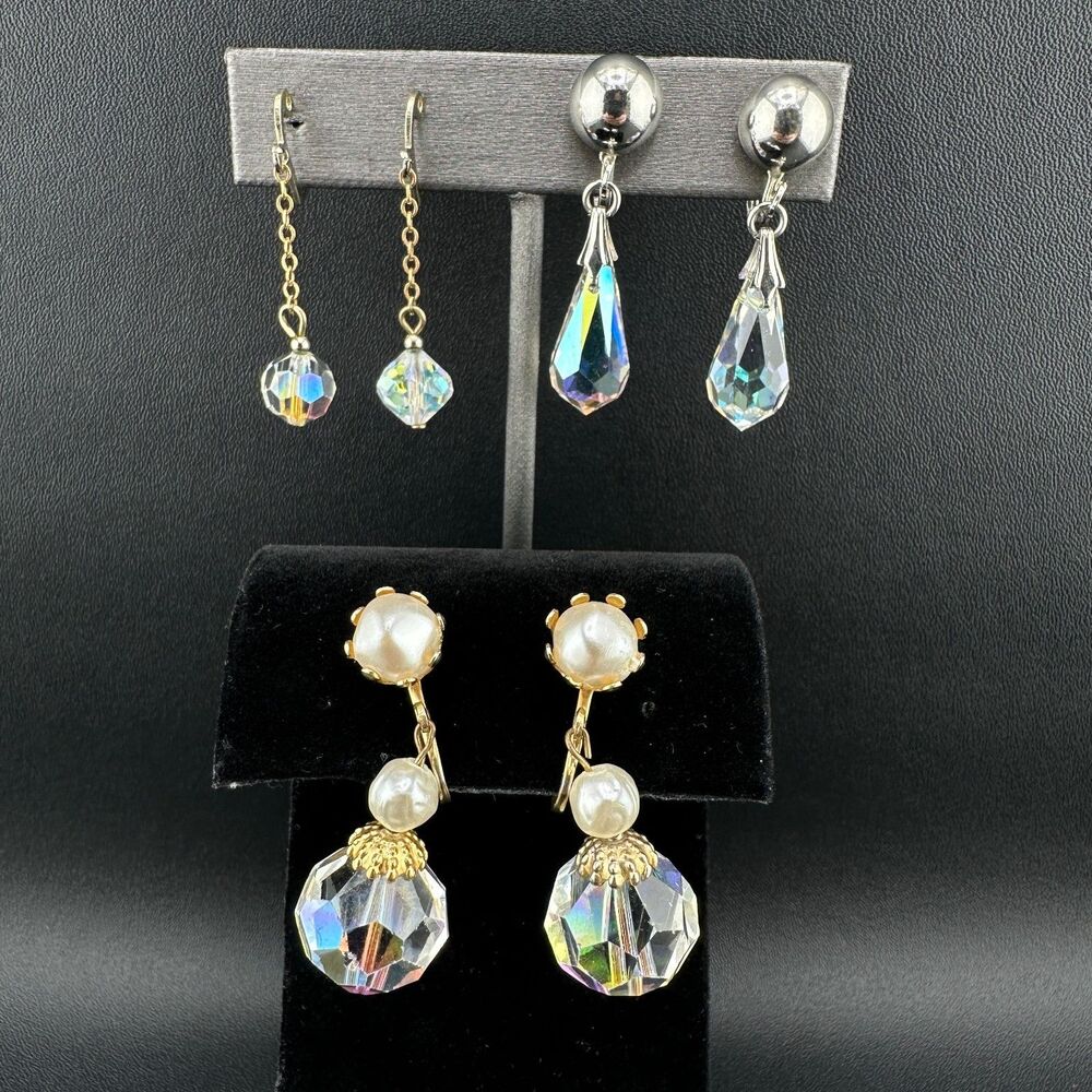 Vintage AB Crystal Dangle Earrings Lot Gold Silver Tone Faceted Briolette